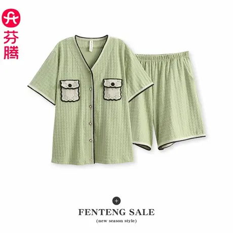 芬腾女士睡衣夏季纯棉短袖短裤套装女款透气薄款加大码休闲家居服商品大图