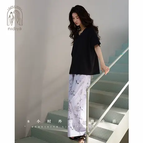 妮狄娅睡衣女夏季柔软棉薄款带胸垫短袖国风长裤可外穿家居服套装商品大图