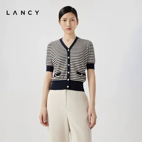 LANCY/朗姿2024夏季新款短袖亲肤薄款针织开衫女修身通勤短款上衣图片
