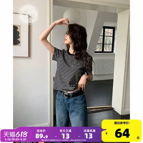 yoe条纹t恤女上衣黑色短袖夏季新款小个子短款黑白半袖女装修身商品大图