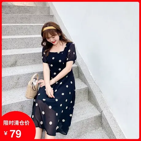 绮娑夏装新款方领显瘦黑色波点短袖大码雪纺连衣裙中长款200斤商品大图