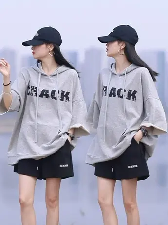 2023春季新款灰色印花卫衣女宽松薄款休闲半袖字母韩版连帽上衣女商品大图