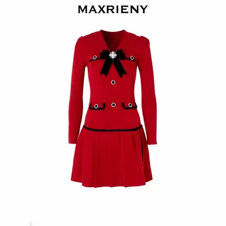 【奥莱】MAXRIENY复古优雅织带红色连衣裙图片