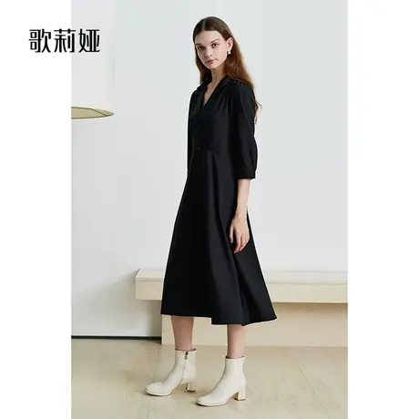 歌莉娅高级感精纺羊毛黑色翻领连衣裙休闲通勤小黑裙女1A8C4K1S0商品大图