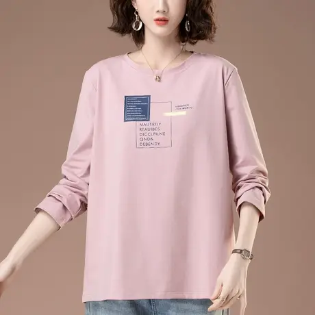 长袖t恤女春秋季新款加大码女装宽松中年妈妈休闲印花显瘦打底衫图片