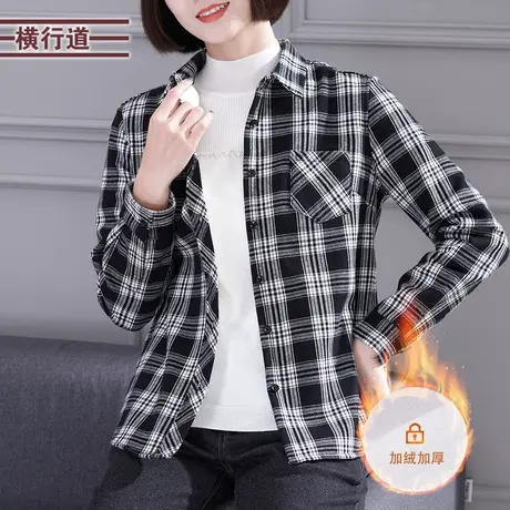 2023冬季新款口袋黑白格子衬衣女装妈妈长袖加厚加绒衬衫休闲外套商品大图
