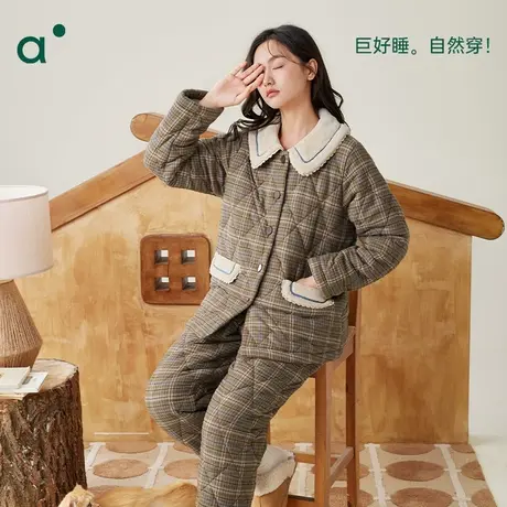 安之伴【巨保暖】三层夹棉冬季睡衣女加厚甜美可爱格子家居服套装商品大图