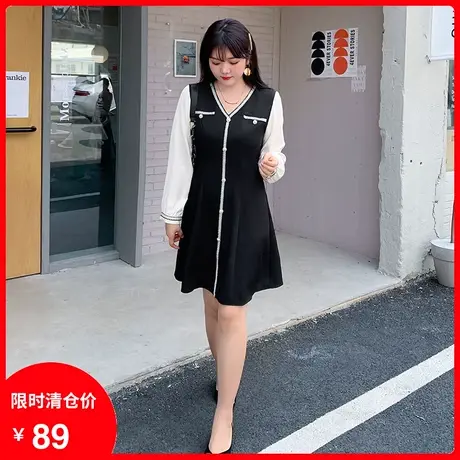 2023早秋新款法式V领拼接气质洋气宽松遮肚子显瘦连衣裙大码胖MM商品大图