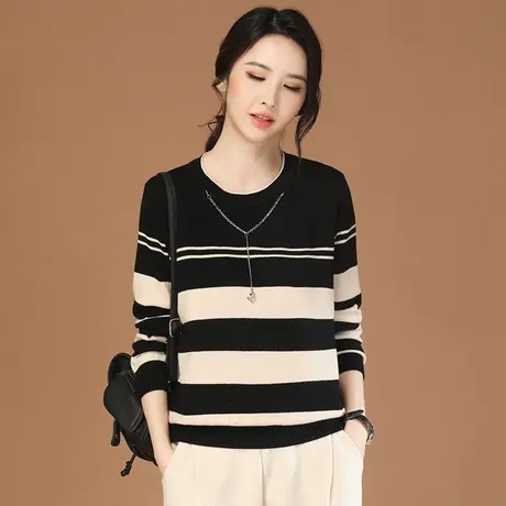 韩潮袭人圆领条纹宽松休闲打底衫2023秋季新款设计感慵懒针织衫女商品大图