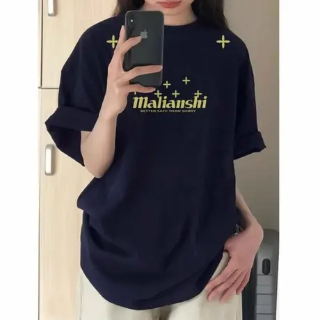 美式复古字母落肩短袖t恤女2025新款纯棉设计感小众宽松半袖上衣商品大图