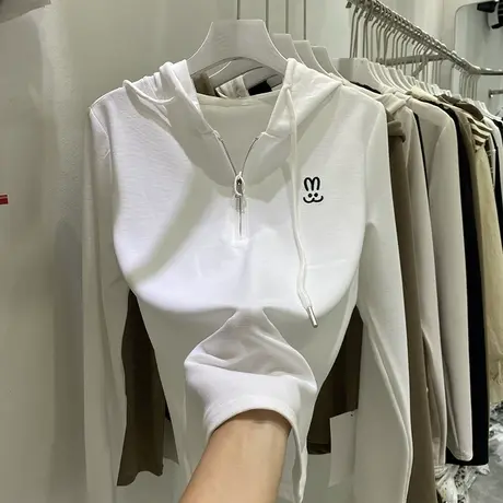 欧货长袖T恤女小兔刺绣2023春秋新款休闲洋气拉链连帽卫衣打底衫商品大图