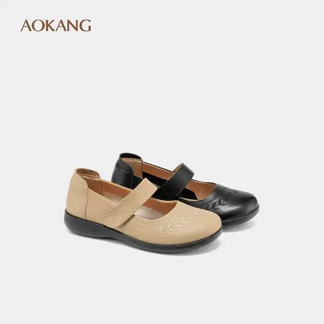 奥康 女鞋春秋浅口单鞋真皮魔术贴便捷妈妈鞋舒适平底鞋图片