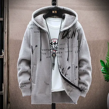 秋冬季加绒加厚款连帽毛衣外套男士休闲保暖针织开衫男宽松毛线衣商品大图