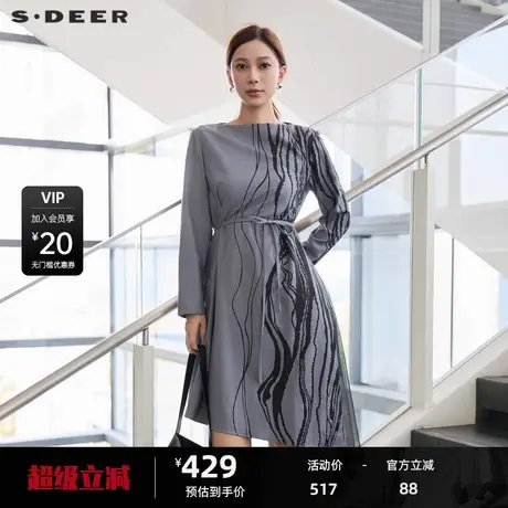 sdeer圣迪奥女装圆领印花网纱收腰不规则连衣裙S24381208图片