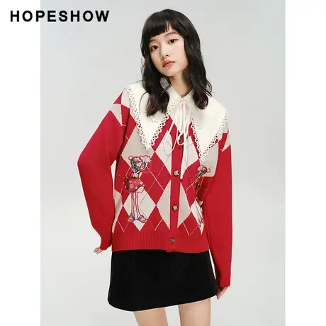 红袖outlets菱格单排扣V领针织衫hopeshow2023冬款新年红毛衣女图片