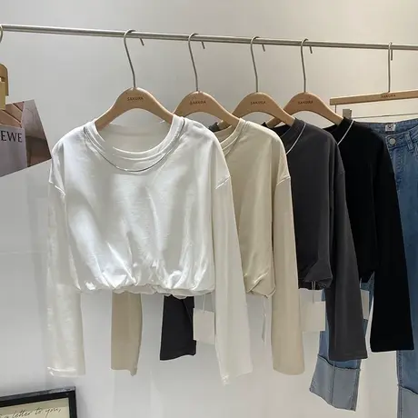 短款收腰下摆长袖卫衣女秋季宽松显瘦百搭圆领无帽T恤上衣服ins潮商品大图