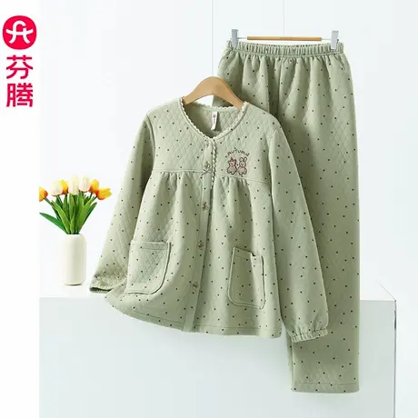 芬腾睡衣女纯棉长袖空气棉夹层夹棉加厚秋季外穿家居服圆领秋冬款商品大图