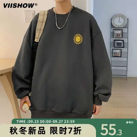 VIISHOW复古简约刺绣圆领卫衣男潮牌街头宽松bf慵懒风休闲打底衫商品大图