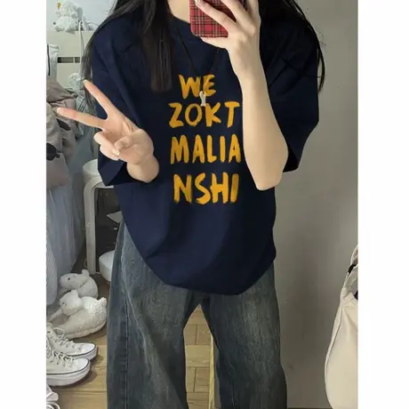纯棉美式复古落肩短袖t恤女2025新款设计感小众潮牌字母慵懒上衣图片