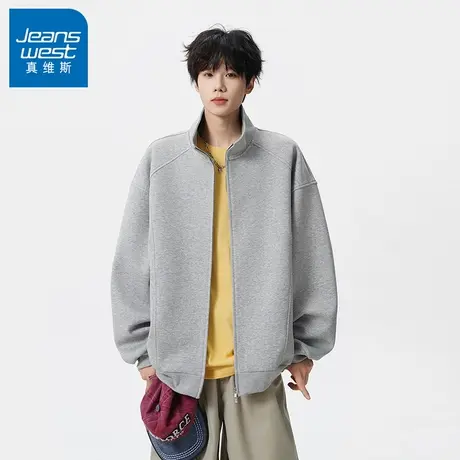 N5真维斯男士开衫卫衣2025新款秋季美式宽松高领拼接男生春秋外套商品大图