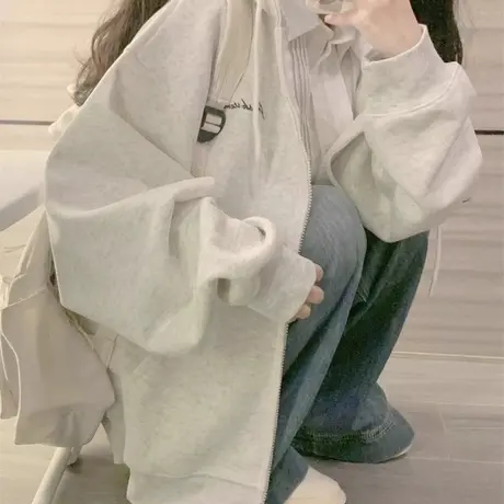 正肩卫衣外套女2025新款早秋季小个子宽松韩系慵懒风连帽开衫上衣图片