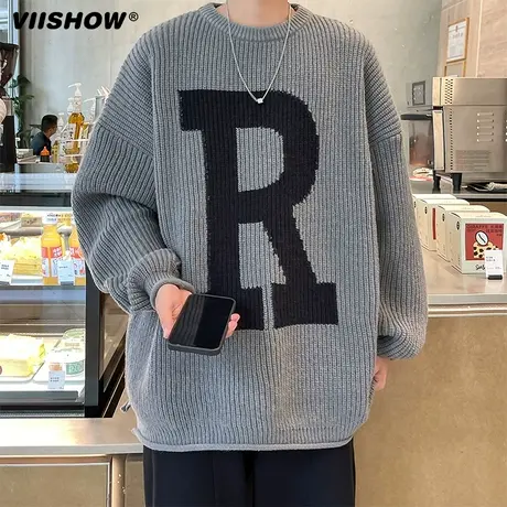 VIISHOW圆领毛衣男秋冬季潮牌ins潮流复古字母针织衫宽松外套线衣商品大图