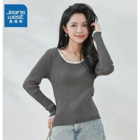 KF真维斯甜美女式花边圆领针织衫 2025秋季新品 小清新套头毛衣商品大图
