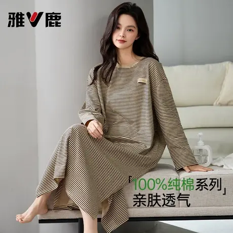 雅鹿女士纯棉睡裙长袖长裙春秋季2025新款休闲宽松大码连衣裙睡衣商品大图