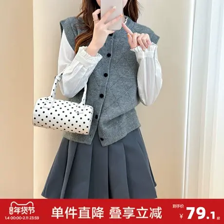 唐狮2026秋冬季女毛衣菱格设计圆领开衫马甲背心简约百搭款超好看商品大图