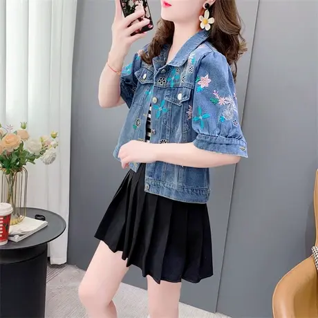 短款小个子刺绣牛仔外套女2023新款夏季宽松做旧复古百搭短袖上衣商品大图