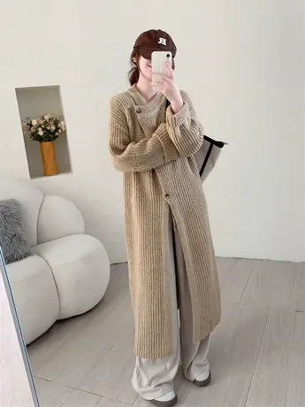 中长款过膝不规则毛衣开衫女秋冬2023新款宽松慵懒风百搭针织外套商品大图