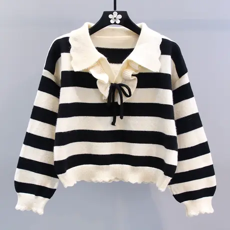 撞色条纹polo领毛衣女秋冬2023新款宽松时尚休闲洋气针织衫上衣商品大图