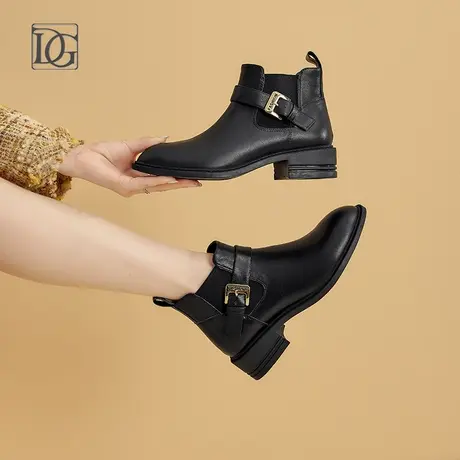头层牛皮短靴女2023秋冬新款真皮粗跟切尔西靴松紧口法式及踝靴子商品大图