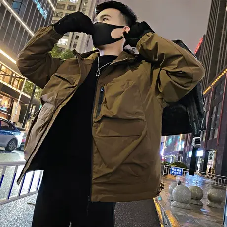 美式潮牌连帽大口袋工装冲锋衣加棉夹克ins冬季户外防风棉衣外套图片