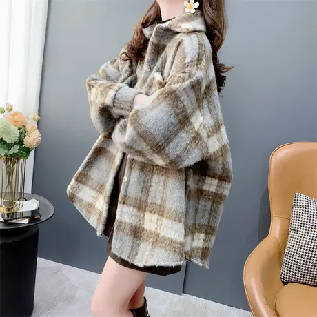 复古港味加厚格子衬衫外套女秋冬2023年新款宽松慵懒风设计感上衣商品大图