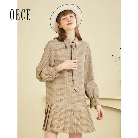 【买1送1】Oece衬衫裙秋冬季复古格子百褶裙女气质裙子长袖连衣裙图片