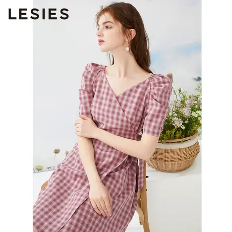 LESIES蓝色倾情夏秋新款格子V领交叉泡泡袖弹力收腰短袖连衣裙女图片