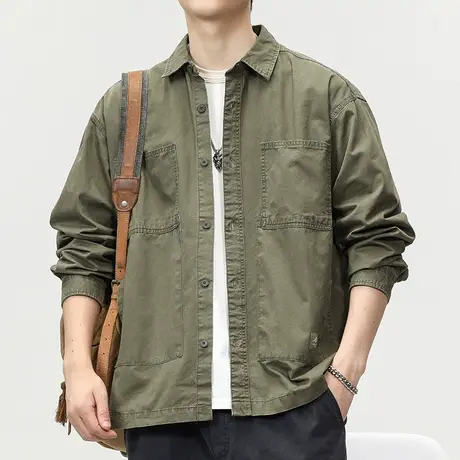 潮流衬衫长袖男士美式翻领纯装衬衫外套纯棉休闲百搭潮流外套男装图片