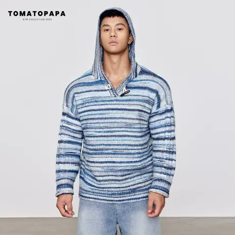 TOMATOPAPA秋冬长袖连帽毛衣落肩复古条纹弹力套头针织衫潮流上衣商品大图