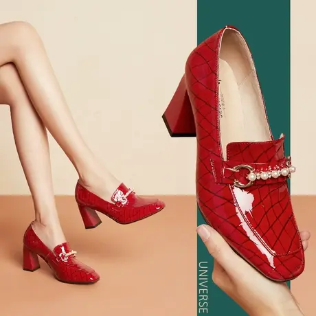 单鞋春款红色方头浅口串珠粗跟高跟单鞋休闲日常真皮中年女鞋商品大图