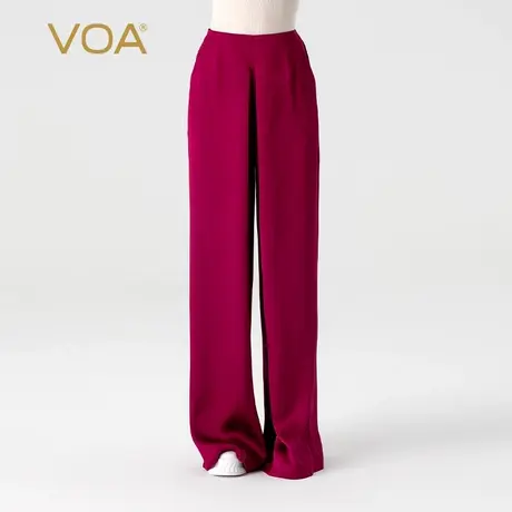 VOA40姆米双面缎桑蚕丝酒红自然腰口袋顺滑简约褶皱真丝直筒裤商品大图
