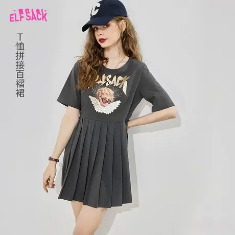 妖精的口袋百褶裙拼接t恤连衣裙女2023夏季新款宽松休闲小众裙子商品大图