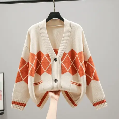 22016外套女新款韩版宽松V领针织衫毛衣纽扣菱形开衫上衣百搭图片