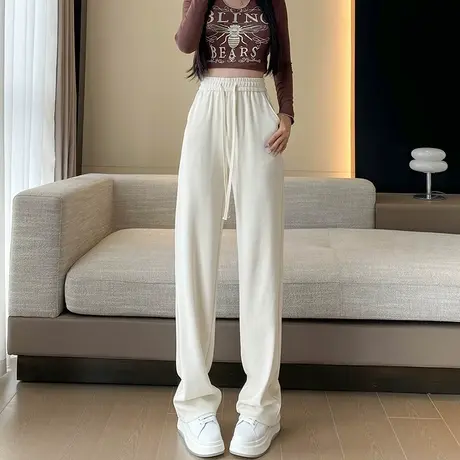 灯芯绒阔腿裤女秋冬季新款宽松显瘦直筒拖地垂感米白色休闲裤子女图片
