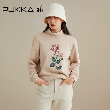 蒲PUKKA 立领卫衣长袖绣花秋季上衣女宽松纯色女款纯棉新品图片
