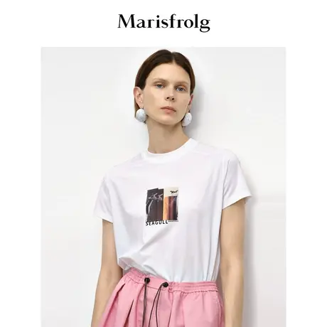 【30周年限定】玛丝菲尔2023年秋季新款白色小圆领刺绣印花T恤女商品大图