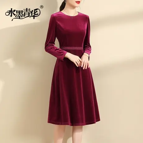 水墨青华冬季新品百搭大摆裙显瘦修身打底裙中长款丝绒连衣裙商品大图