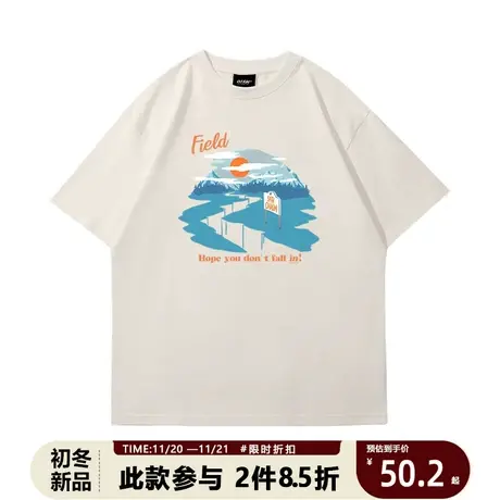 美潮涂鸦t恤男夏季复古美式小众设计感落日半截袖chic纯棉短袖女商品大图