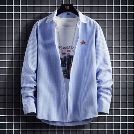 衬衫男士春秋季2022年新款潮牌ins休闲薄款条纹刺绣衬衣长袖外套商品大图