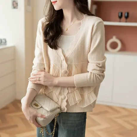 2023秋冬韩版拼接雪纺女士开衫毛衣外套上衣宽松V领长袖针织衫女商品大图